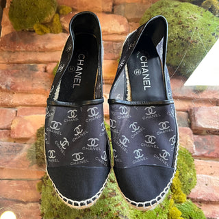 CHANEL Black Mesh Interlocking CC Espadrilles SZ 38 (US 8)