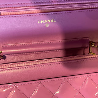 CHANEL Wallet On Chain Purple Quilted Patent Leather Crossbody Bag