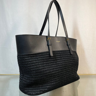 SAINT LAURENT Buckle East West Black Raffia Shooper Tote