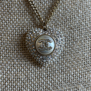 CHANEL Faux Pearl & Strass CC Heart Pendant Necklace