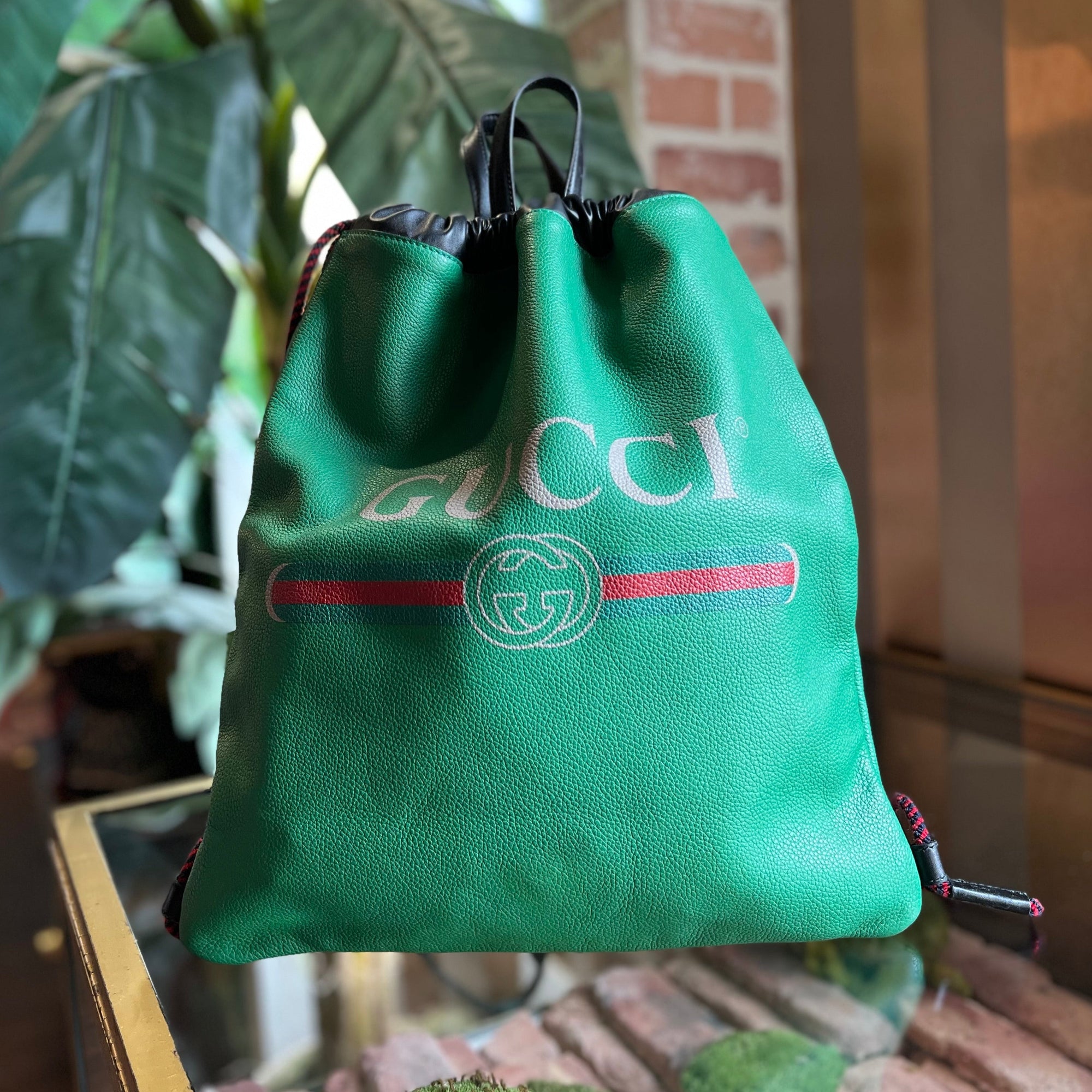 GUCCI Green Calfskin Logo Drawstring Backpack