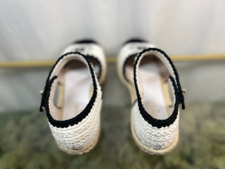 CHANEL Braided Crochet Black-White Embroidery Espadrilles SZ 40