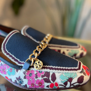 TORY BURCH Jessa Navy Tea Rose Floral Leather Loafers