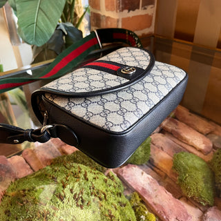 GUCCI Ophidia Mini GG Supreme Monogram Textured Dollar Calfskin Web Studded Flap Crossbody