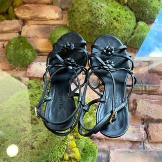 CHANEL Black Leather Camellia Flower Sandals SZ 36 (US 6)