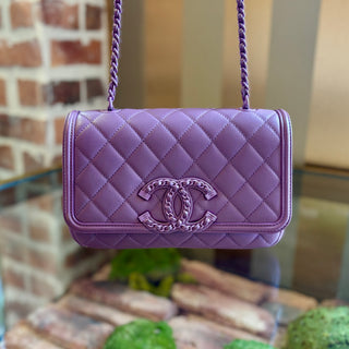 CHANEL Purple Leather Filigree Flap Bag Small