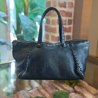 BOTTEGA VENETA Black Leather Intrecciato Trim Tote Bag