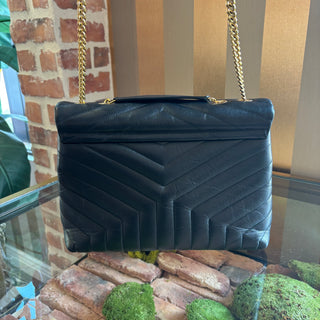 SAINT LAURENT Black Leather Chevron LouLou Shoulder Bag Gold HW Medium