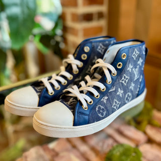 LOUIS VUITTON Monogram Punchy Denim High Tops Sneakers SZ 39