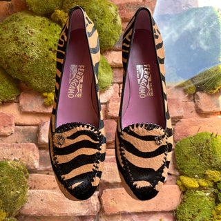 FERRAGAMO Zebra Stripe Horse Hair Nappa Leather Flats SZ 8