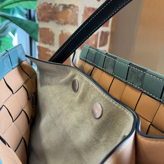 TORY BURCH Lee Radziwill Blue Double Woven Leather Tote