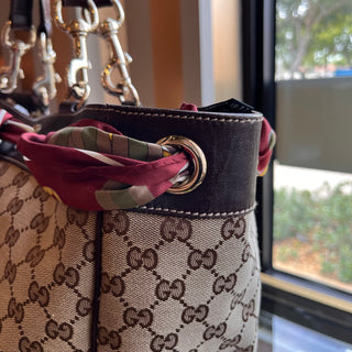 GUCCI Positano Small Beige Brown GG Canvas Leather Tote Bag