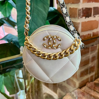 CHANEL 19 Mini Round White Iridescent Leather Shoulder Bag