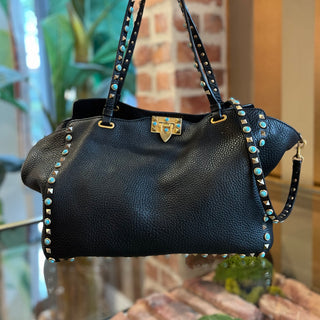 VALENTINO Small Trapeze Black Pebbled Leather Turquoise Rockstud Tote Bag