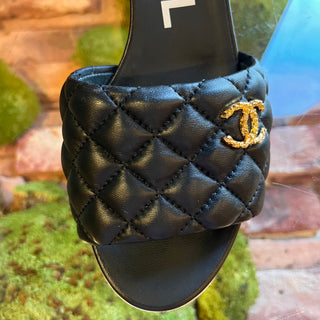 CHANEL CC Black Quilted Lambskin Mule Sandals SZ 39.5 (US 9.5)