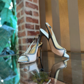 CHANEL CC Lace Pink/Black Leather Heels SZ 36.5 (US 6.5)