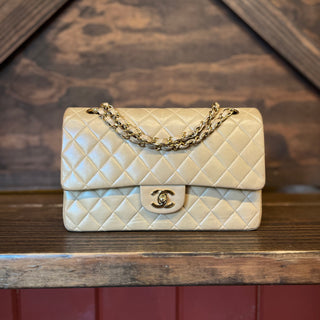CHANEL Classic Double Flap Medium Beige Quilted Lambskin Vintage Shoulder Bag