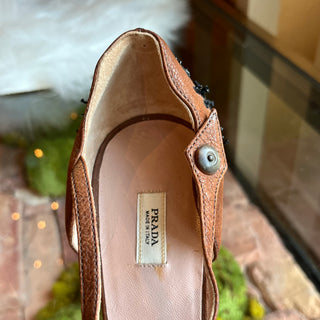 PRADA Brown Floral Beaded T Strap  Crystal Embellished Heels SZ39(9US)