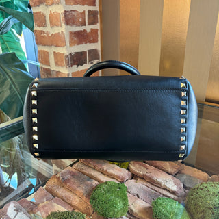 VALENTINO Black Smooth Calfskin Leather Rockstud Double Handle Tote Bag
