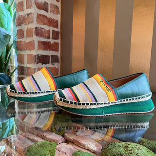 TORY BURCH Multicolor Knit Fabric Green Leather Espadrilles SZ 8