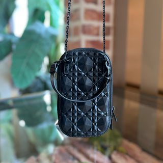 DIOR Lady Dior Call in Black Calfskin Cannage Diamond Phone Crossbody