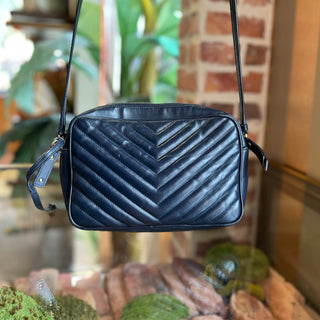SAINT LAURENT Lou Navy Blue Calfskin Matelasse Monogram Crossbody Bag