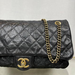 CHANEL Easy Flap Caviar Leather Shoulder Bag Black ADI11083