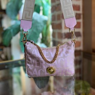 VERSACE Logo Print Pink Canvas Crossbody Bag