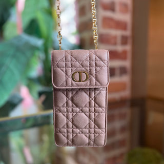 DIOR Caro Phone Holder Rose des Vents Supple Cannage Calfskin Crossbody