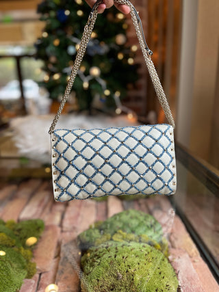 VALENTINO Rockstud Spike Denim Nappa Leather Wallet on Chain Crossbody Bag