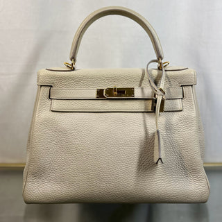 HERMES Kelly 28 Mushroom Clemence Taurillon Top Handle Bag