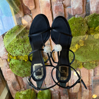 DIOR T Strap Black Satin Crystal Embellished Sandals SZ38(8US)