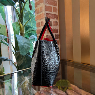 CHRISTIAN LOUBOUTIN Small Cabarock Black Crocodile-Embossed Calfskin Spiked Tote