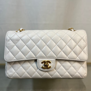 CHANEL Caviar Double Flap White w/ Gold  ADI1113