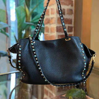 VALENTINO Small Trapeze Black Pebbled Leather Turquoise Rockstud Tote Bag