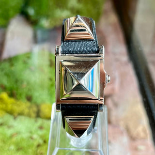 HERMES Medor Black Leather Strap Watch