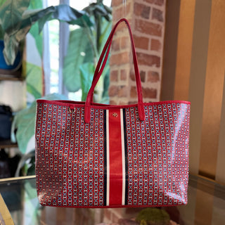TORY BURCH Red Gemini Link Coated Canvas Tote