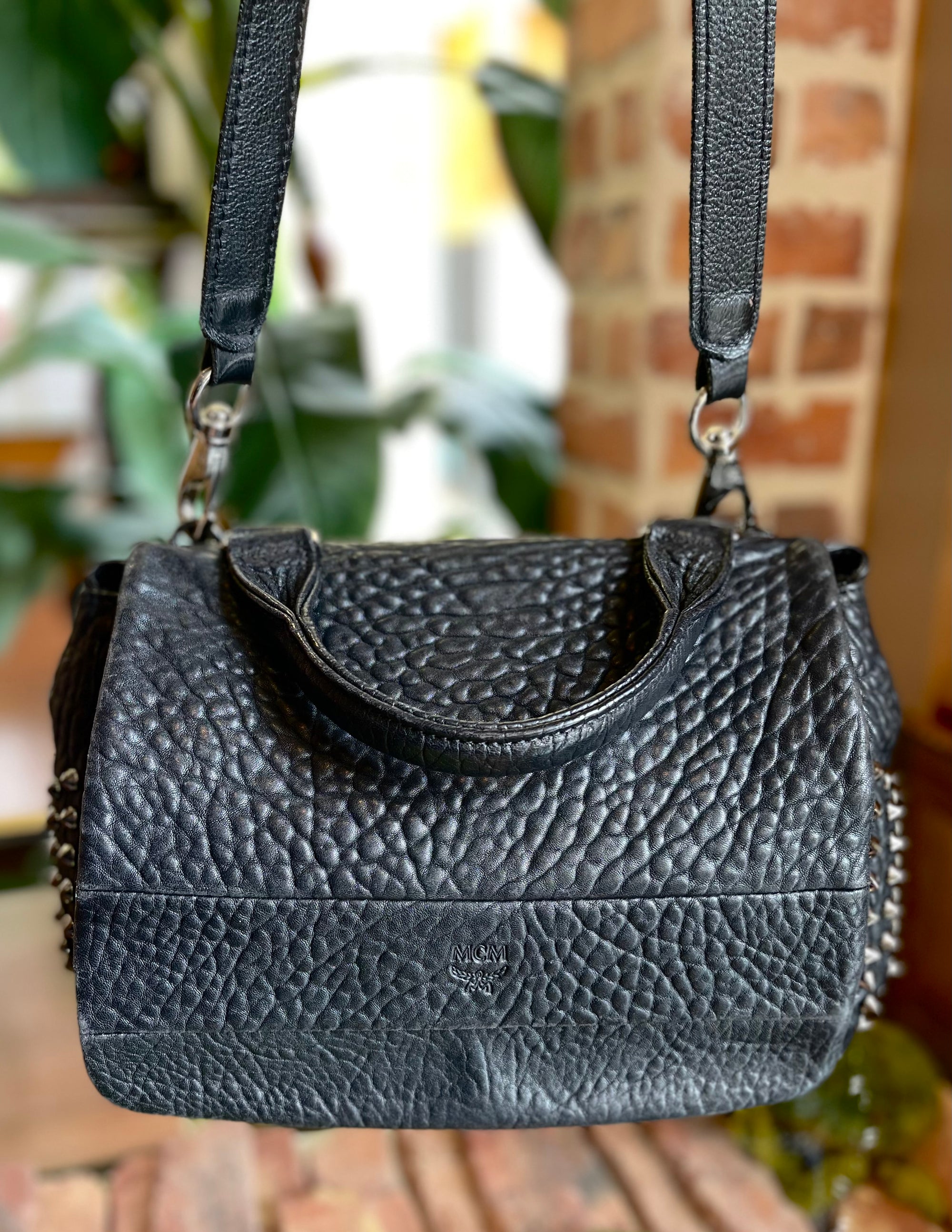 MCM Black Leather Studded Top Handle Two Bag