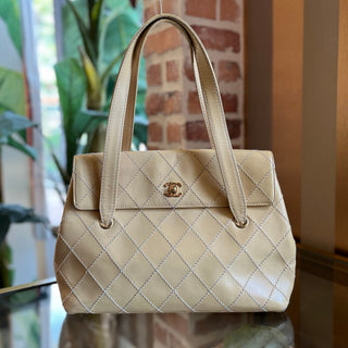 CHANEL Beige Quilted Leather Wild Stitch Flap Shoulder Bag