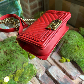 CHANEL Small Boy Bag Red Chevron Caviar Leather Braided Shoulder Bag