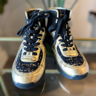 CHANEL Metallic Lambskin and Tweed CC High Top Sneakers 37.5
