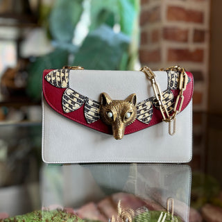 GUCCI White Red Goatskin Snakeskin Fox Broche Shoulder Bag