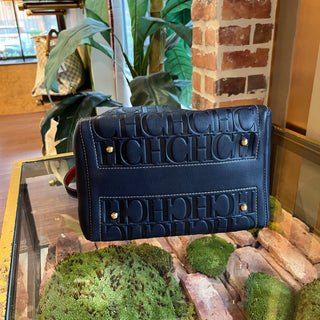CAROLINA HERRERA Boston Navy Blue Embossed Leather Satchel Bag