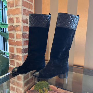 CHANEL Black Leather Suede CC Mid Calf Boots SZ 36.5 (US 6.5)