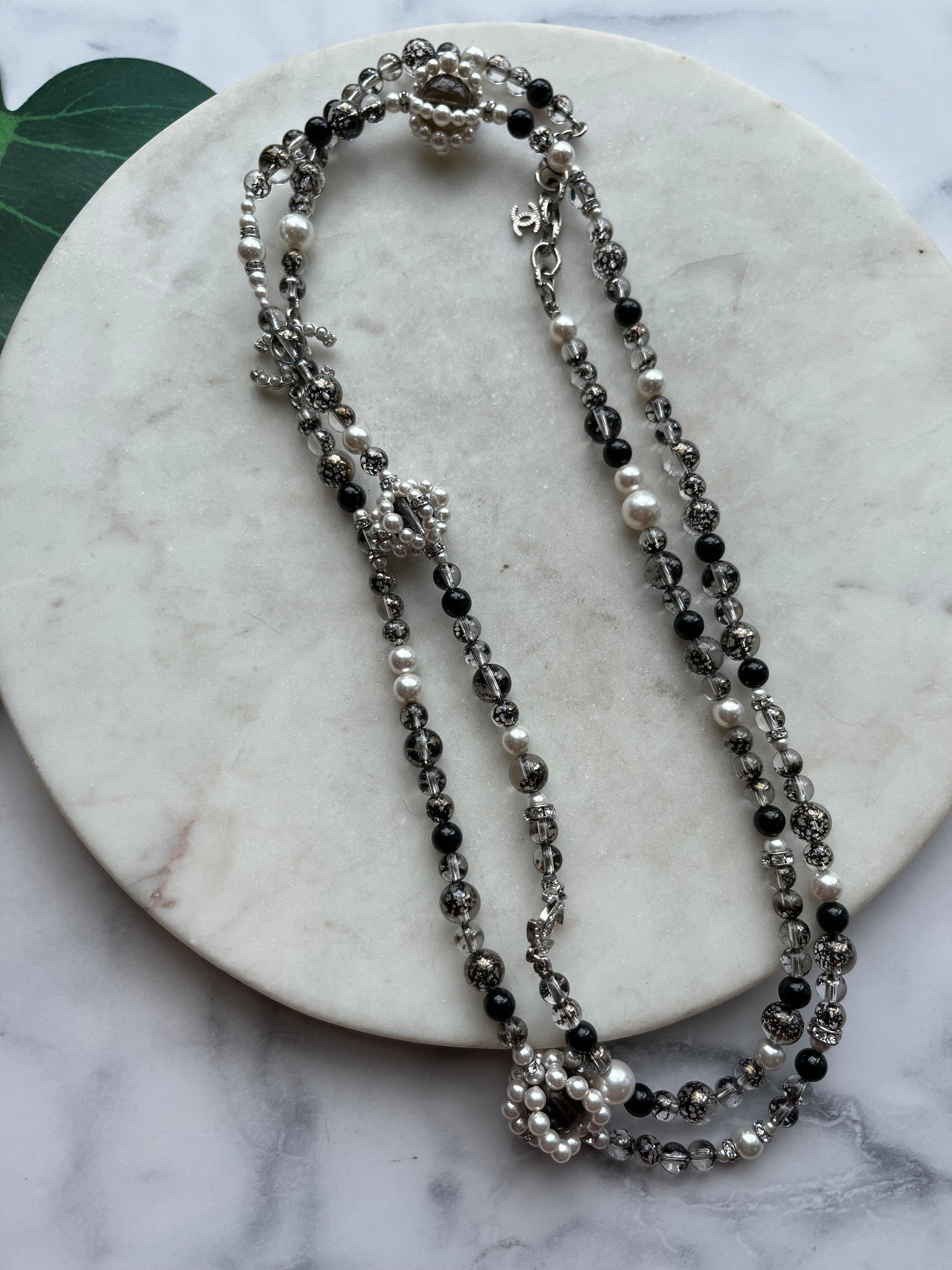 CHANEL Silver Beaded Pearl Long Necklace 2019