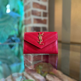 SAINT LAURENT Red Leather Chevron Compact Wallet