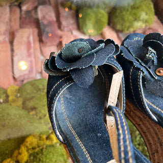 CHANEL Denim Camellia Cork Wedges SZ38.5(8.5US)