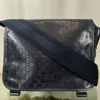 GUCCI Navy Blue Imprime Monogram Medium Double Buckle Flap Messenger Bag