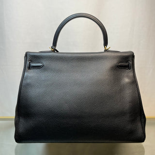 HERMES Kelly 35 Black Clemence Leather Satchel Bag