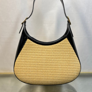 PRADA Beige Natural Raffia Woven Black Calfskin Leather Shoulder Bag